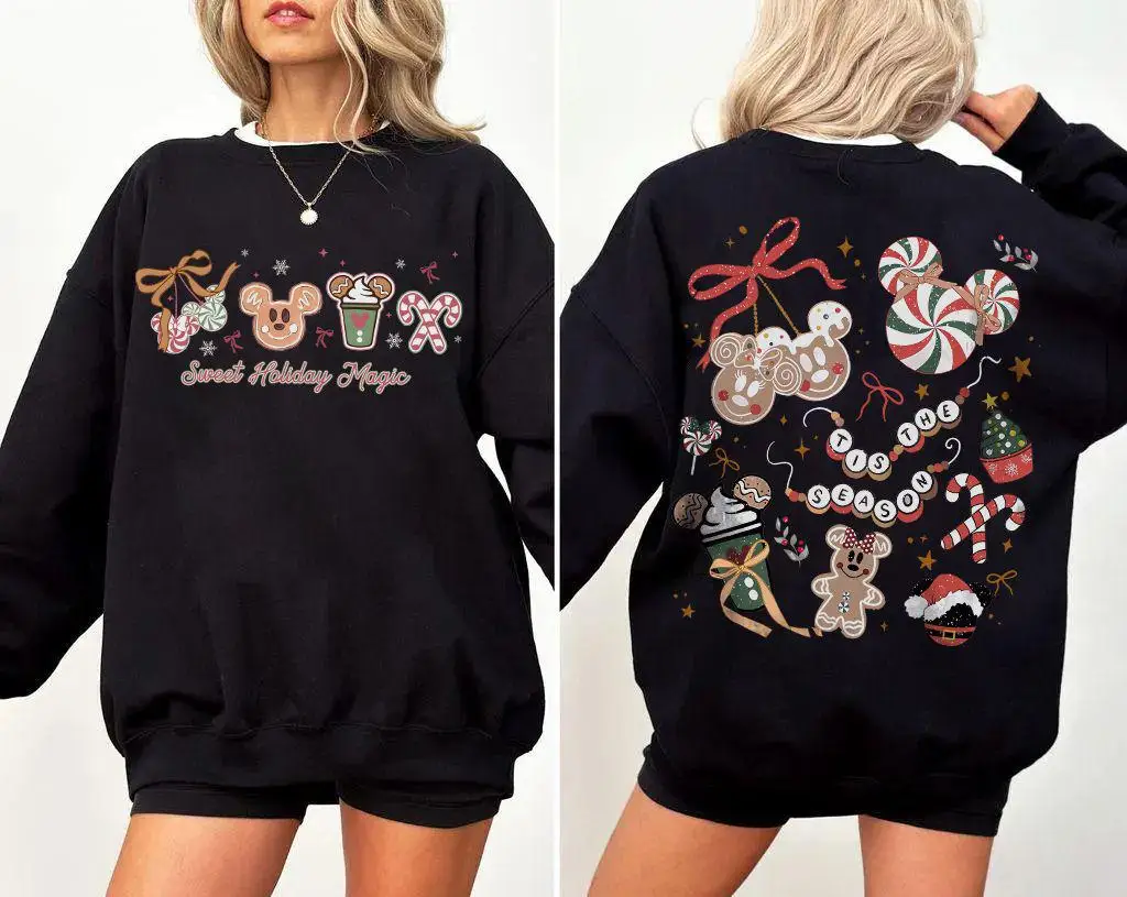 

Двусторонняя толстовка с ушками Микки Диснея, спортивная рубашка с рождественским принтом Диснея, праздничный дорожный свитшот Disney