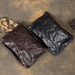 Bolso de mano plisado de cuero genuino para hombre, Cartera de piel de vaca natural de alta calidad, Estilo Vintage, para exteriores, monedero juvenil