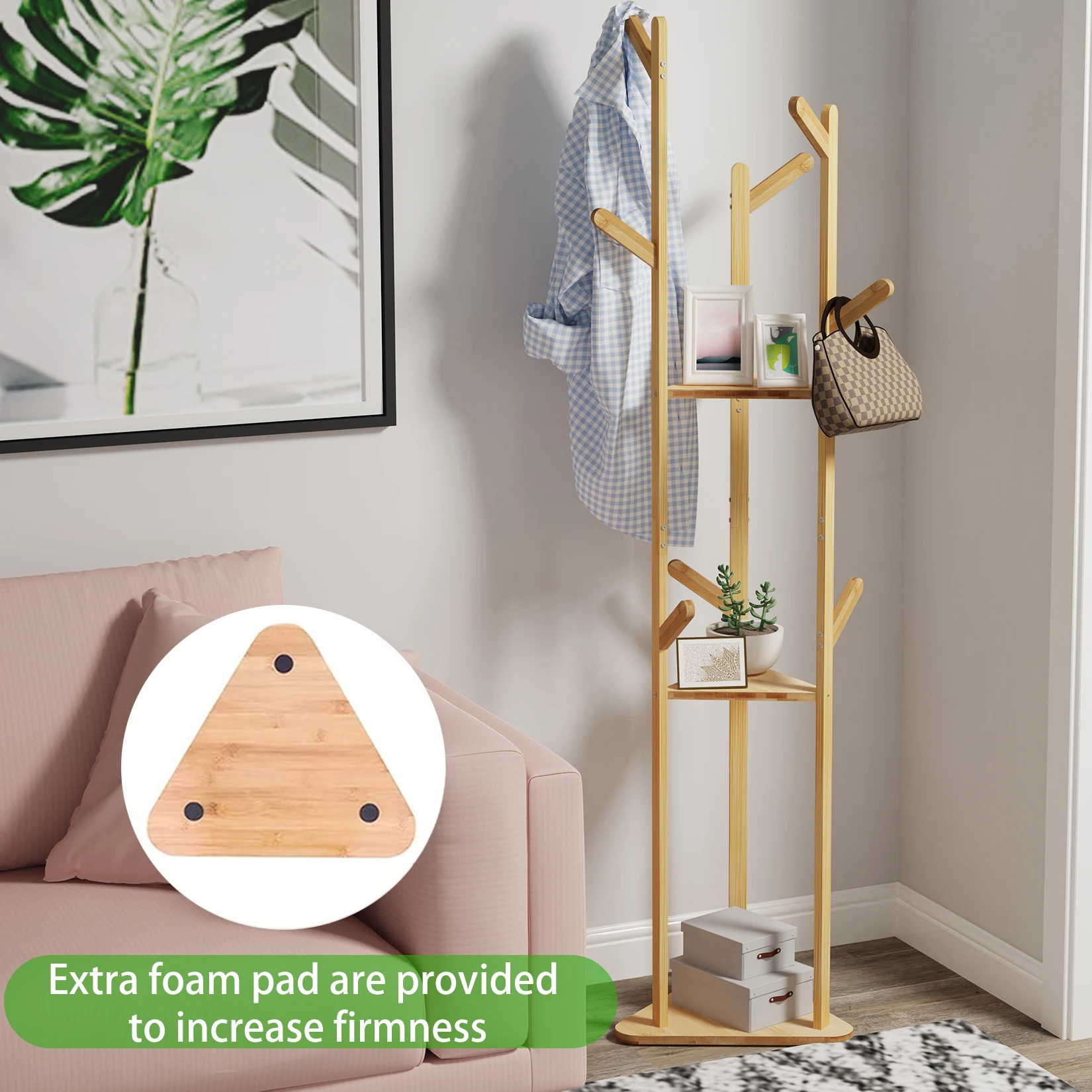 Bamboo Tree Clothes Coat Hanger Rack Garment Stand with Hooks and Shelves