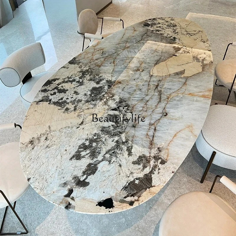 

Imported natural luxury stone dining table oval villa marble dining table water drop shaped high-end