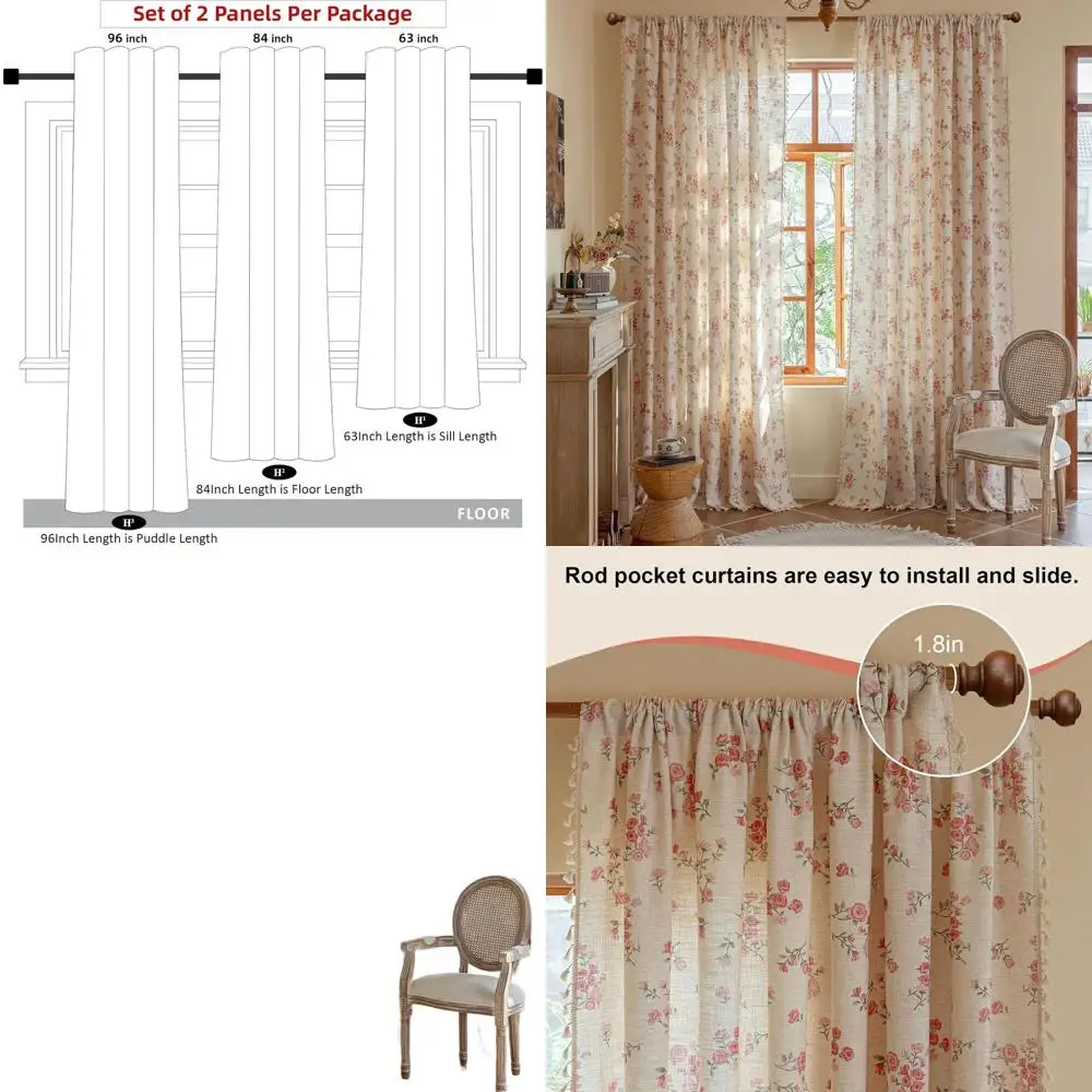 

Шторы в стиле бохо с цветочным узором, 84 дюйма в длину, комплект из 2 панелей, винтажный фермерский стиль, с бахромой, полупрозрачные, рассеивающие свет, для комнат