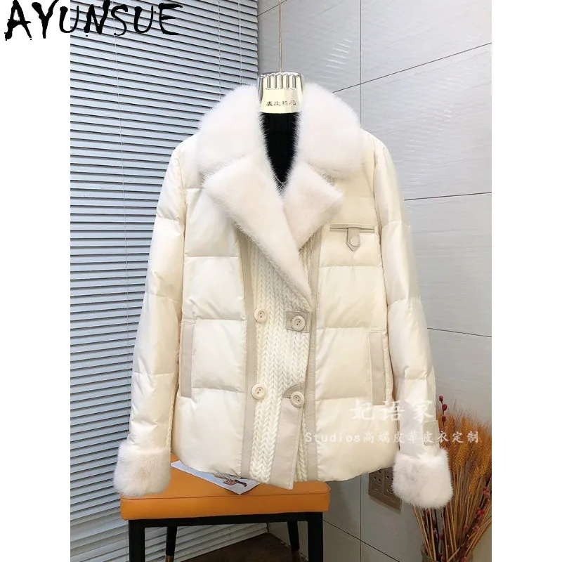 

AYUNSUE Mulberry Silk White Goose Down Coat Warm Mink Fur Collar Outerwears Casual Fashion Winter Jacket Woman Clothes Casaco