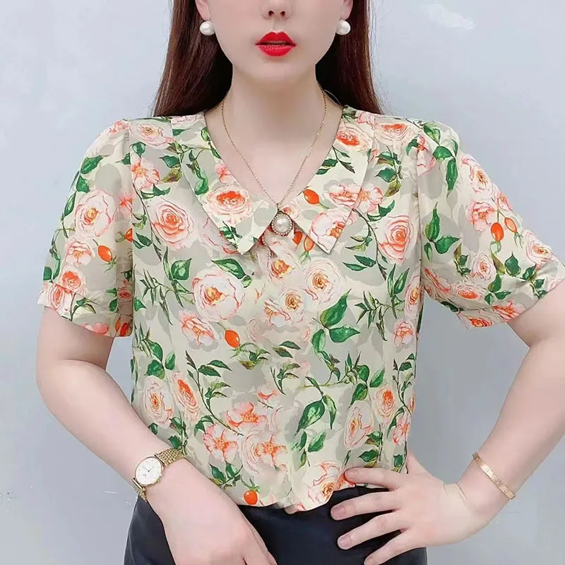 Vintage Printed Peter Pan Collar Floral Chiffon Blouse Women\'s Clothing 2024 Summer New Oversized Casual Pullovers Beading Shirt