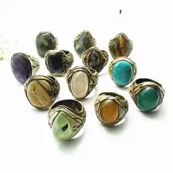 Vintage Ethnic Handmade Clay Rings Inlaid Natural Stone Lovely Rings for Lady Crystal Agates Labradorite R037