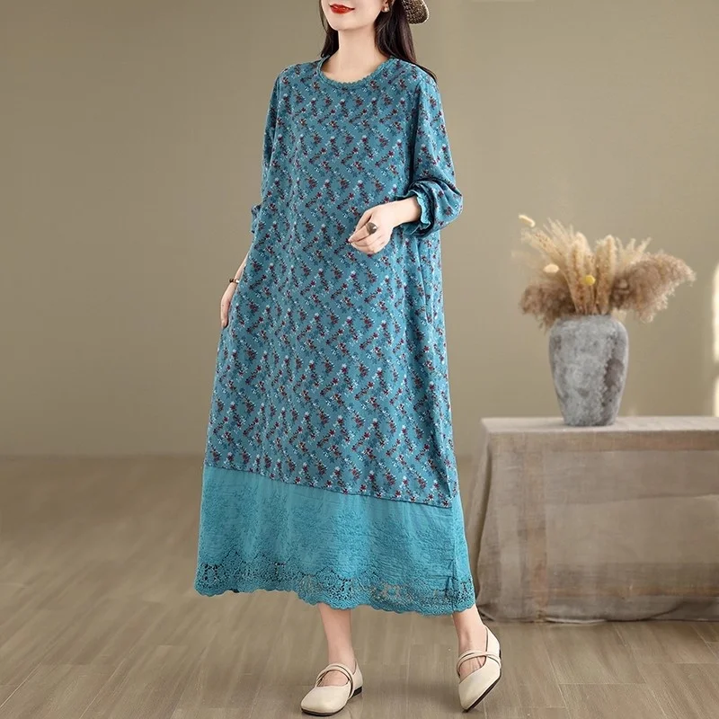 เดรสยาวพิมพ์ลายผ้าฝ้ายและป่านสไตล์เรโทรศิลปะใหม่ประจำฤดูใบไม้ร่วงปี 2025 สำหรับผู้หญิง ทรงหลวมทรงเอลายดอกไม้ รุ่น w700