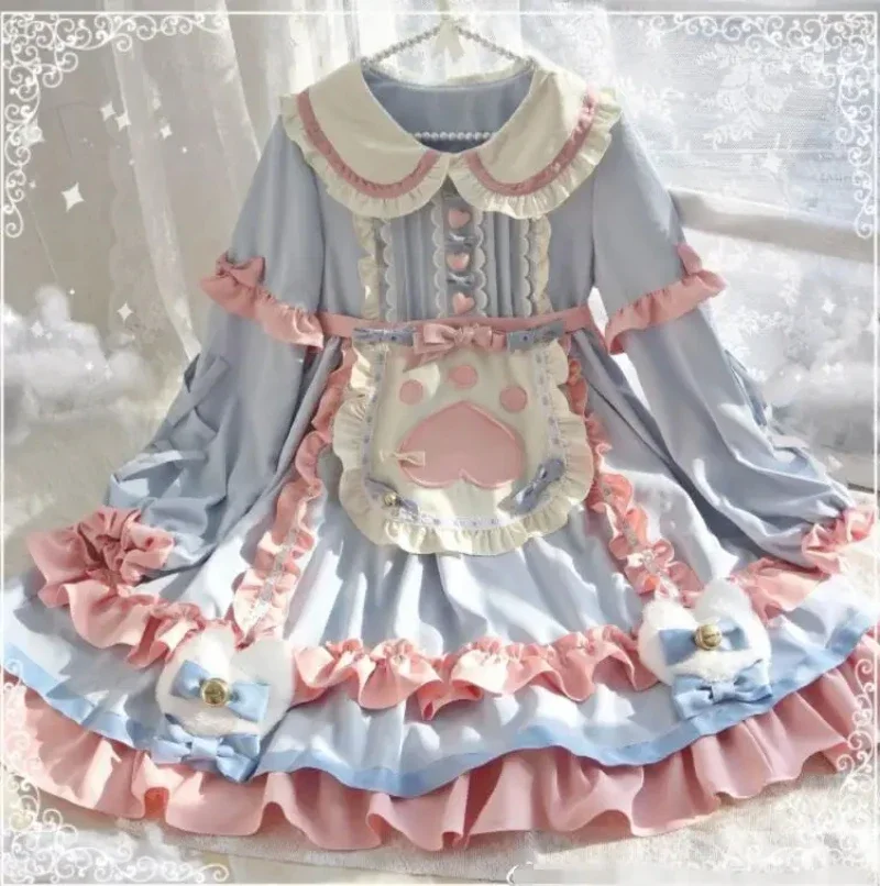 MAGOGO-vestido Lolita OP para mulheres, bonito azul e rosa, babados arco avental, vestidos de manga comprida, vestido kawaii para meninas