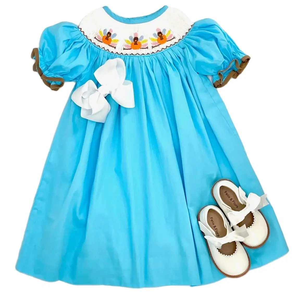 smocked turkey blue short-sleeved dress