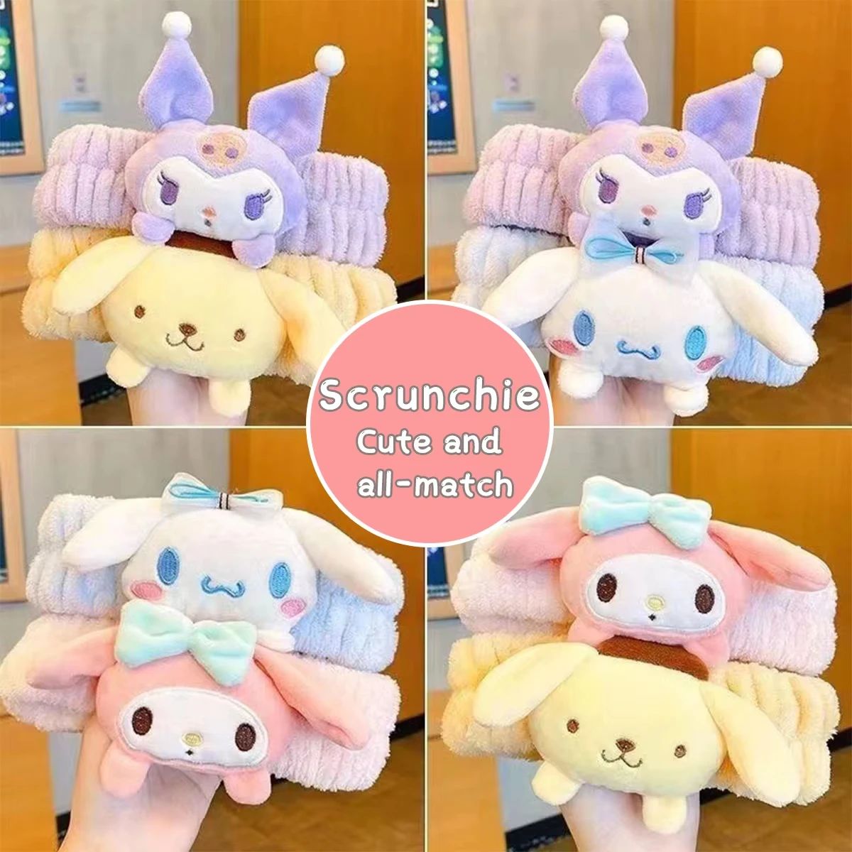 

Плюшевая повязка на голову Sanrio Kuromi Cinnamoroll Melody, портативная повязка для мытья лица, повязка для макияжа, нескользящая эластичная повязка на голову, подарок для девочки