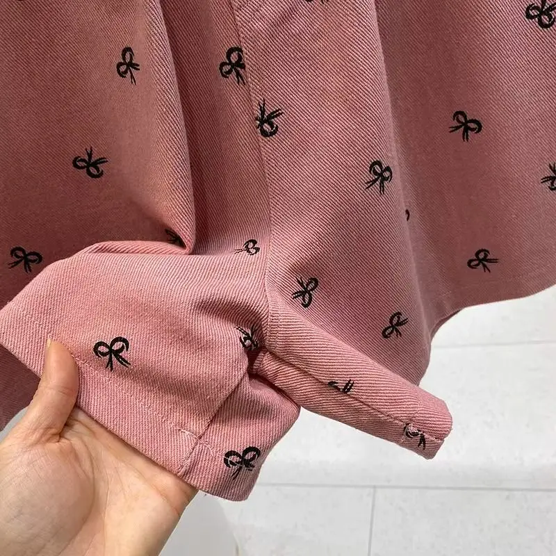 Summer Chic Bow Printing Denim Shorts Women Loose Vintage Elastic Waist Wide Leg Shorts