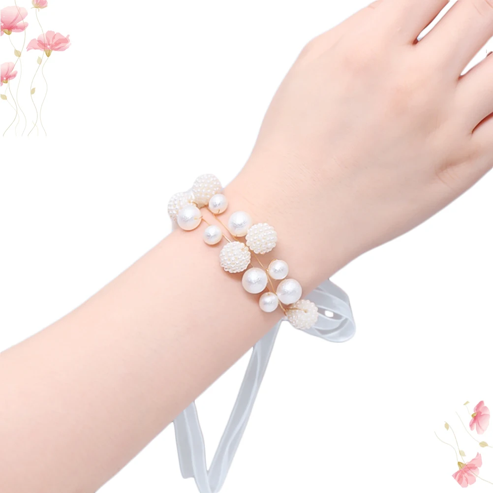 

6 PCS Wrist Flower Pearl Hand Wedding Bridesmaid Shower Bracelet Flowers for with Ribbon Bridesmaids Bridal