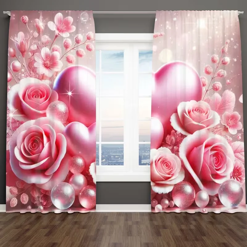 2PC Valentine's Pink Rose Heart Curtains Glitter Ball Print Light Filtering Sheer Drapes Romantic Window Curtains for Bedroom