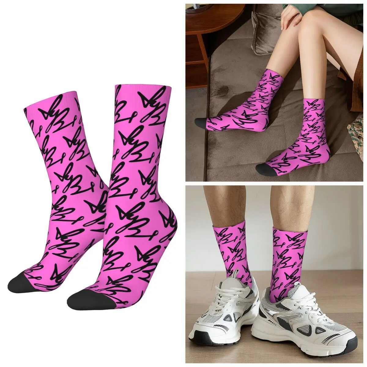 All Seasons Yungblud Autograph (Pink And Black) Socks Harajuku Sport Middle Tube Socks Stockings for Men Women Valentine's Day