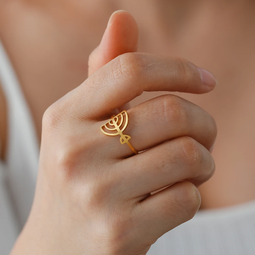 Lucktune Judaism Menorah Symbol Open Rings for Women Men Stainless Steel Religious Lampstand Sacred Amulet Ring Hanukkah Jewlery