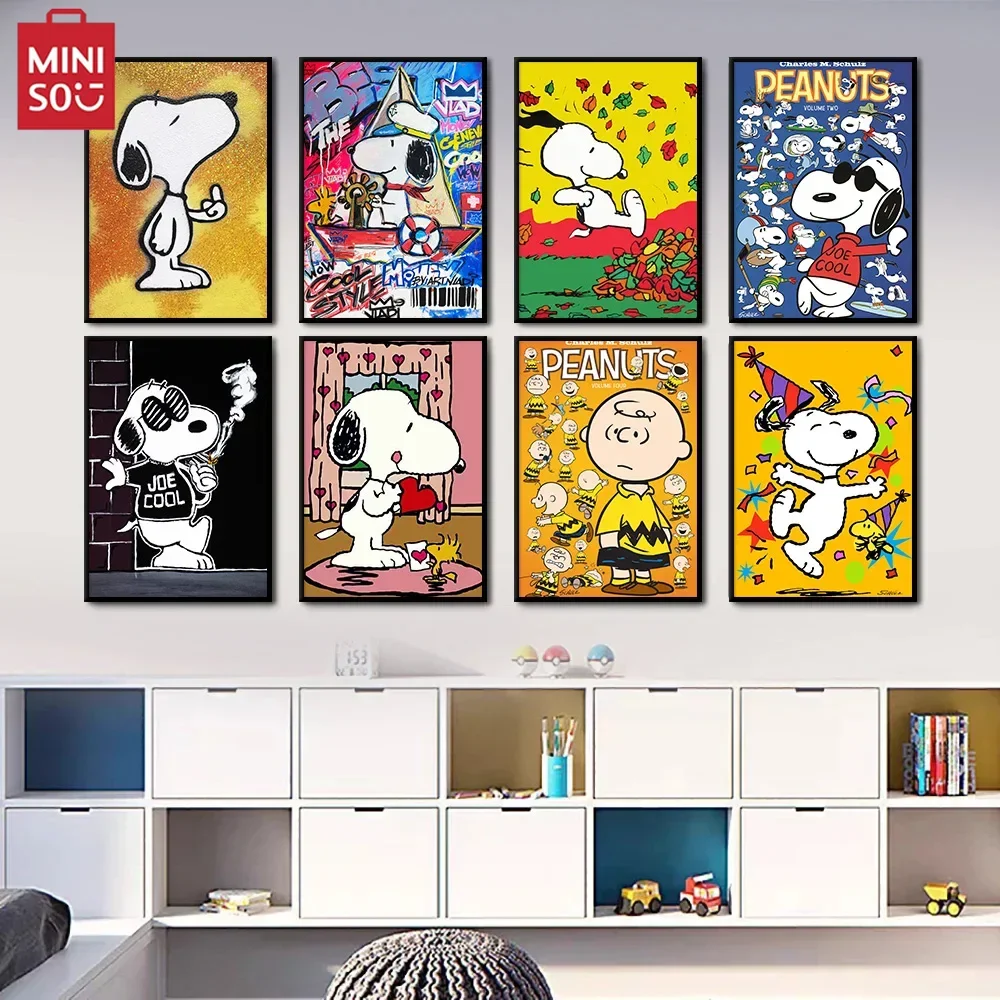 MINISO-Póster de Snoopy divertido y bonito, arte de Graffiti, pintura en lienzo, impresiones de cómic, cacahuetes, imagen de perro para niños, sala de estar, pared del hogar
