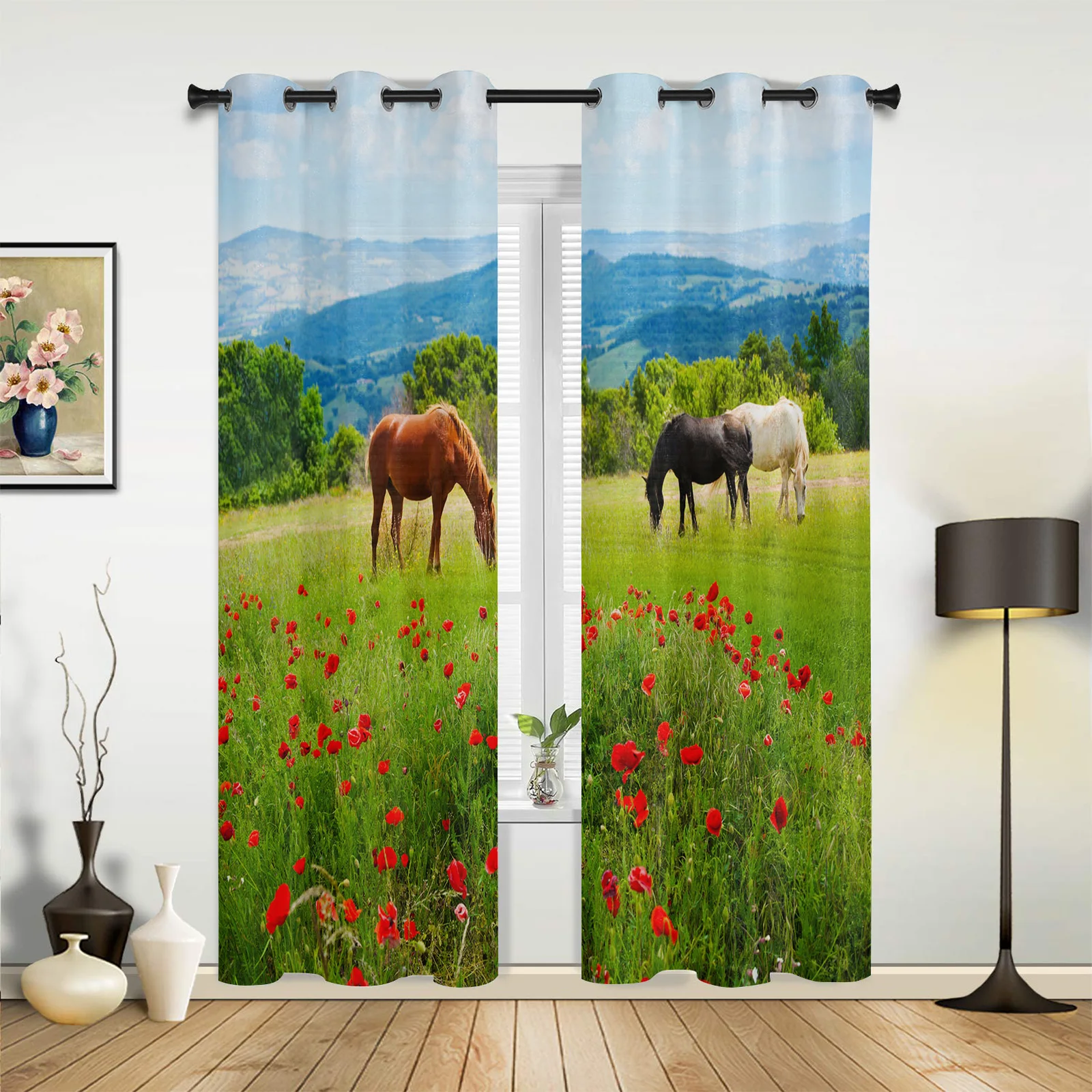 Meadow Horses Flowers Modern Living Room Curtains Polyester Used In Kitchens Used In Bedroom Window Decorations Custom Size