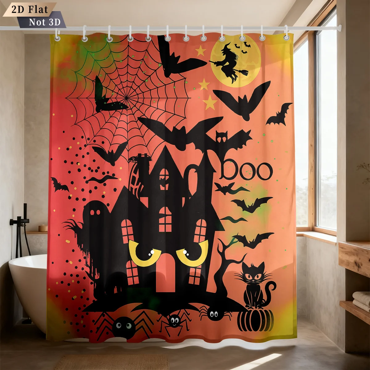 Funny Halloween Night Illustration Creepy Castle House Bats Witch Silhouette Black Cat Spiders Boo Word Gradient Orange‑Green