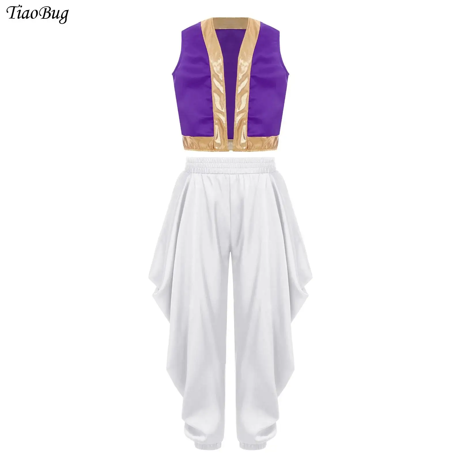 

Boys Arabian Prince Cosplay Costume Loose Vest Waistcoat Satin Dhoti Pants Baggy Trousers Suit Halloween Carnival Performance