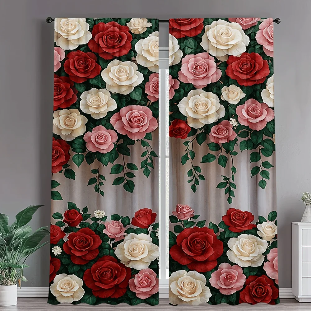 2PCS Digital Print Curtains, Red Pink White Rose Cluster Hanging Pattern Green Leaf, Romantic Elegant Style for Bedroom ／