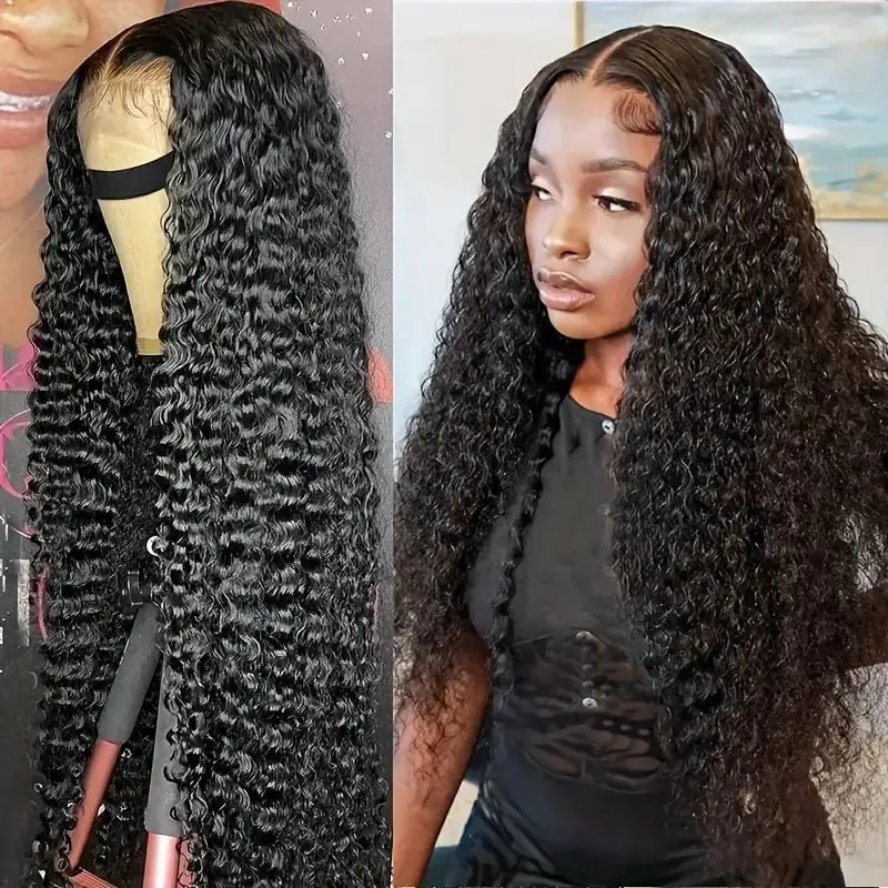 High Quality 180 Density Natural Black  20 36 Inch 13x6 HD Lace Forehead Wig Deep Wave 13X4 Human Hair Curly Women's Wig