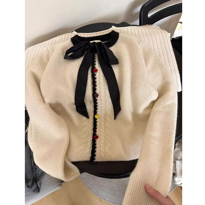 

Korean Design Lace-up Bow Knitted Cardigan Autumn and Winter New Soft Waxy Versatile Twist Sweater Jacket Women's Clothing
