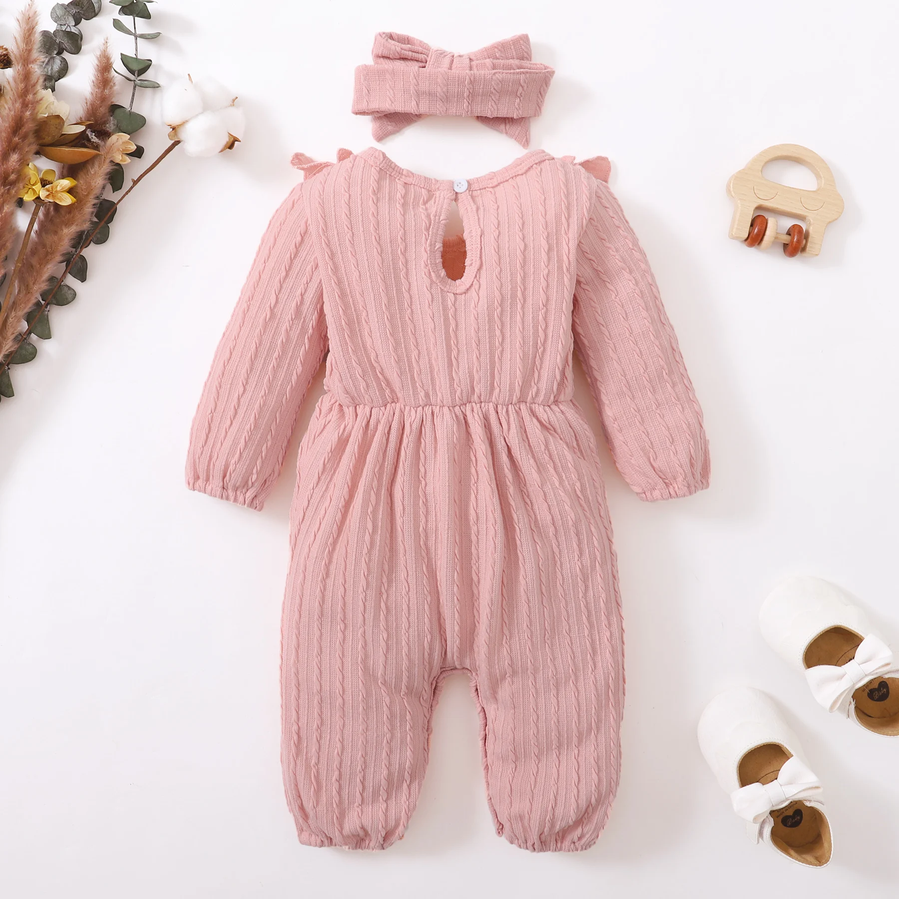 Newborn Baby Girl Winter Clothes Baby Rompers for Girls Onesies Baby Clothes Long Sleeve Solid Colour Jumpsuit with Headband