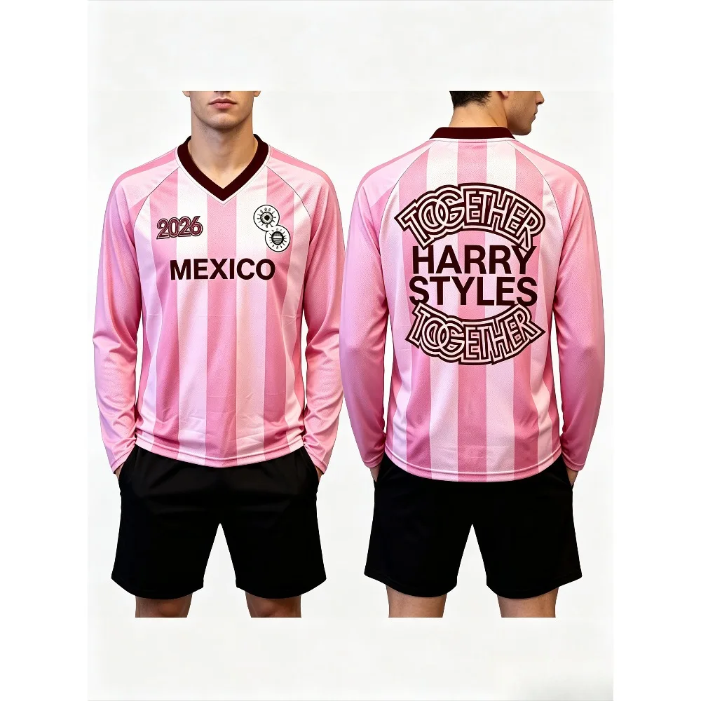Harry Styles Together Tour 2026 City Soccer Jersey Pink Striped V Neck T-shirt Summer Mesh Breathable Long Sleeve for Men Women