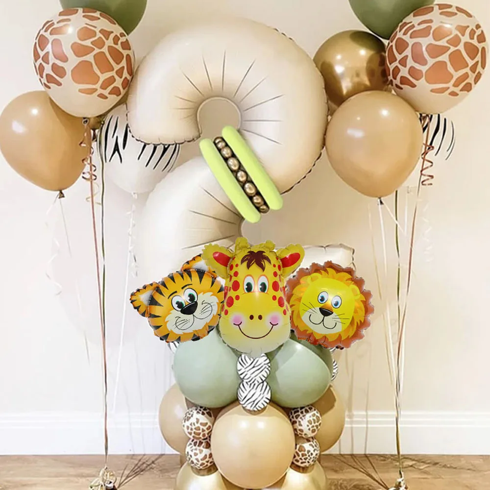 32In Number Balloons with Mini Jungle Animals Balloon Tiger Lion Giraffe Foil Balloons for Kids Birthday Baby Shower Party Decor