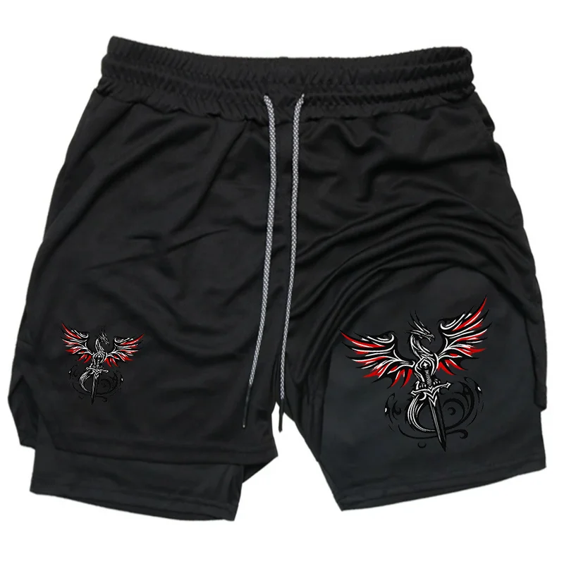 2-in-1-Gym-Workout-Shorts für Herren mit Schwert- und Drachen-Print, schnell trocknende, dehnbare, athletische Kompressionsshorts für Fitness, Laufen, Joggen