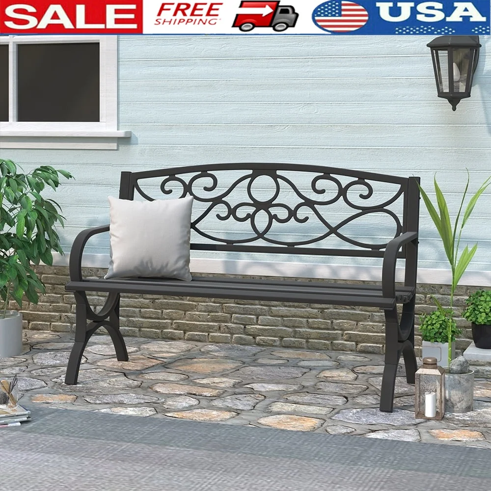 

High Back Outdoor Metal Garden Bench Steel Loveseat Park Bench Weather-Resistant Durable Easy to Clean Armrests Slatted Seating