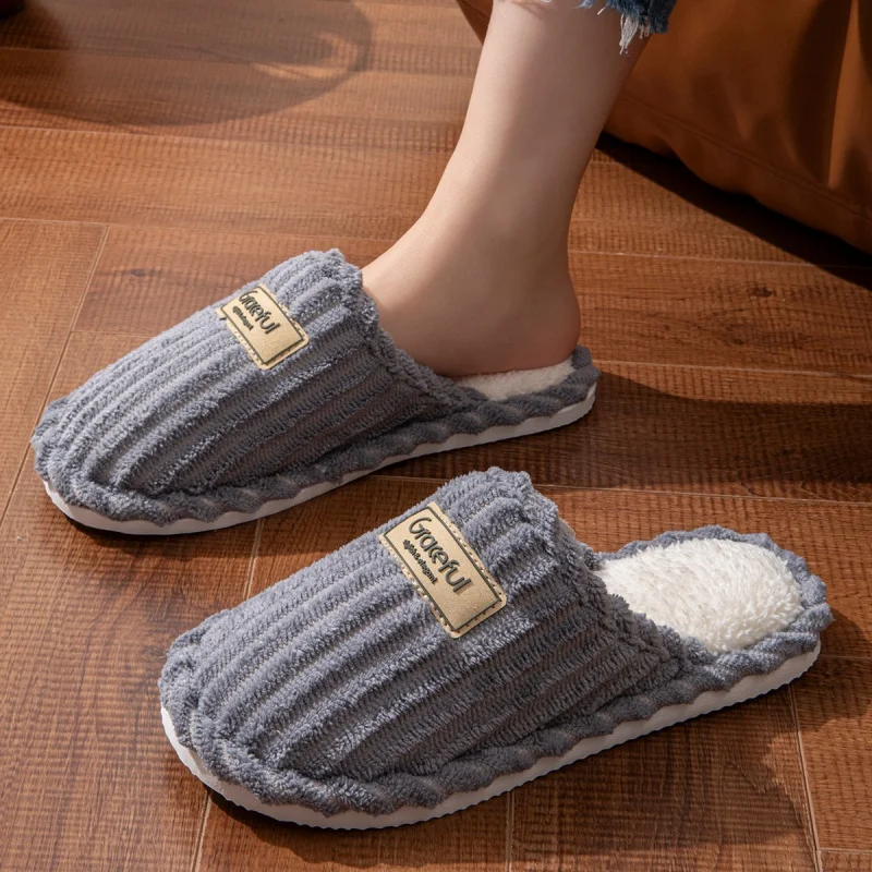 Winter Warm Graceful Home Slippers Women Indoor Lightweight Plush Slides Couples Concise Home Non-slip Corduroy Fluffy Sandals