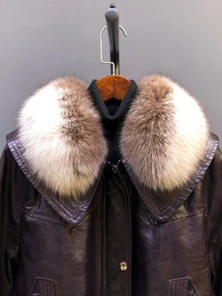 الشتاء النساء الدافئة الثعلب الفراء طوق أسفل سترة فضفاضة تناسب النفط الشمع جلد الغنم سترة جلدية حقيقية Vintage دراجة نارية السائق معطف