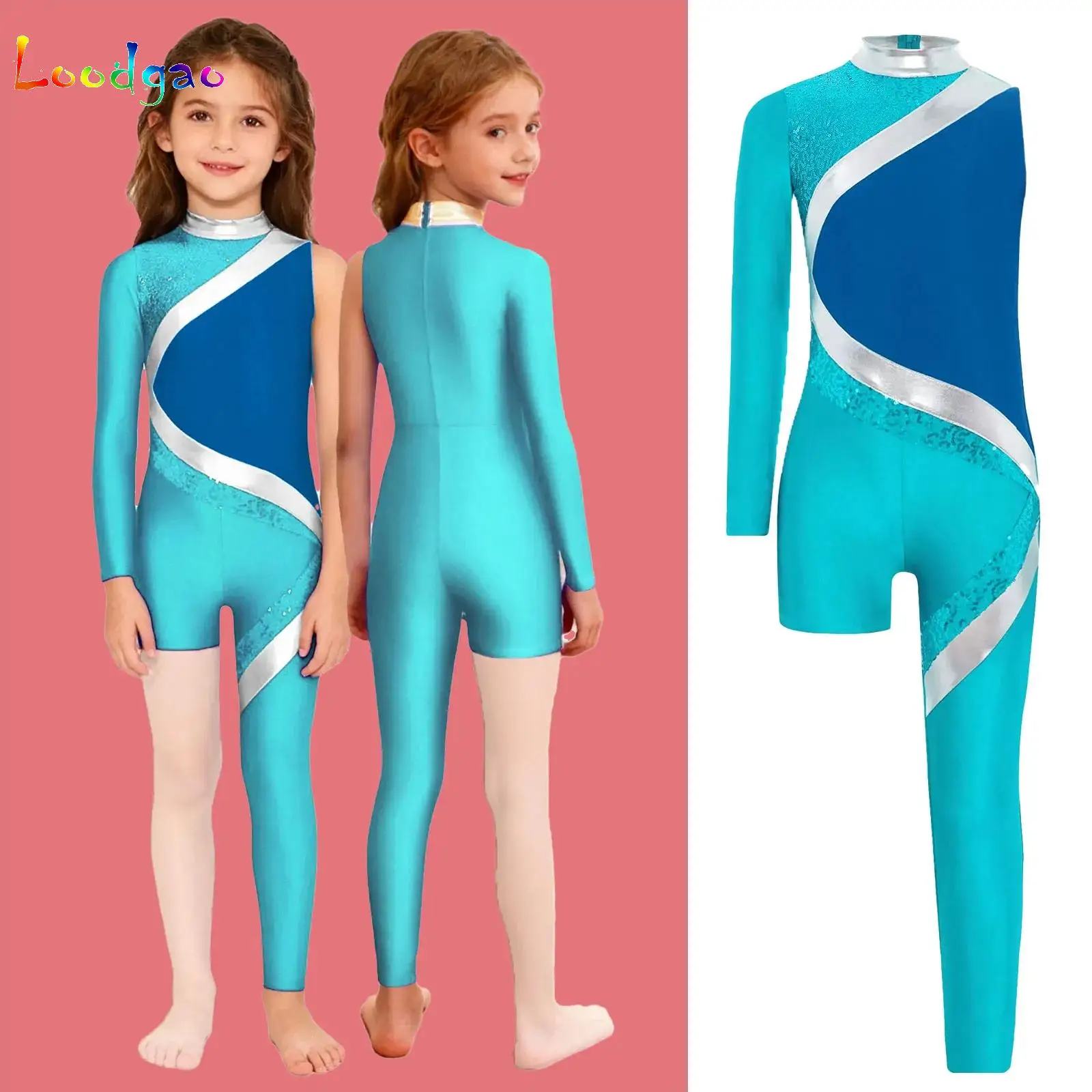 

Kids Girls Sequins Color Block Asymmetrical Jumpsuit Gymnastics Ballet Dance Performance Costume Figure Skating Workout Jersey