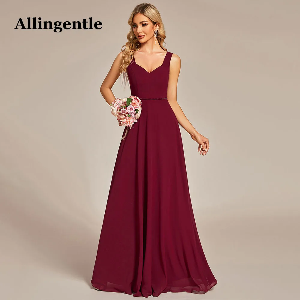 

Allingentle Burgundy Elegant Bridesmaid Dress Backless Bow Design Sleeveless A-Line Prom Formal Gowns Floor Length Custom Made