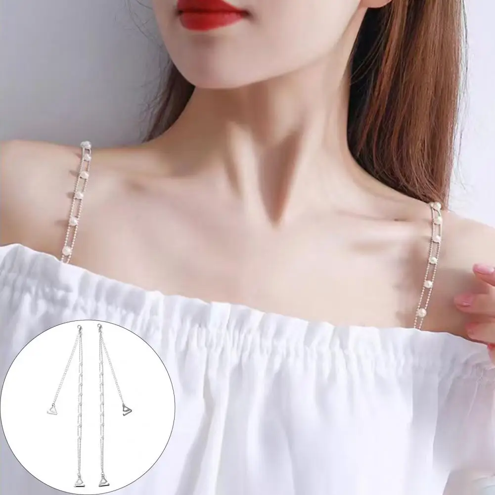 Faux Pearl Sling 2pcs Faux Pearl Bra Straps Elegant Non-slip Shoulder Chains Fashionable Beach Party Accessories for Women Metal