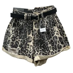 New 24 Sexy Design Asymmetric High Waist Curling Hole Leopard Print Denim Shorts Women Summer