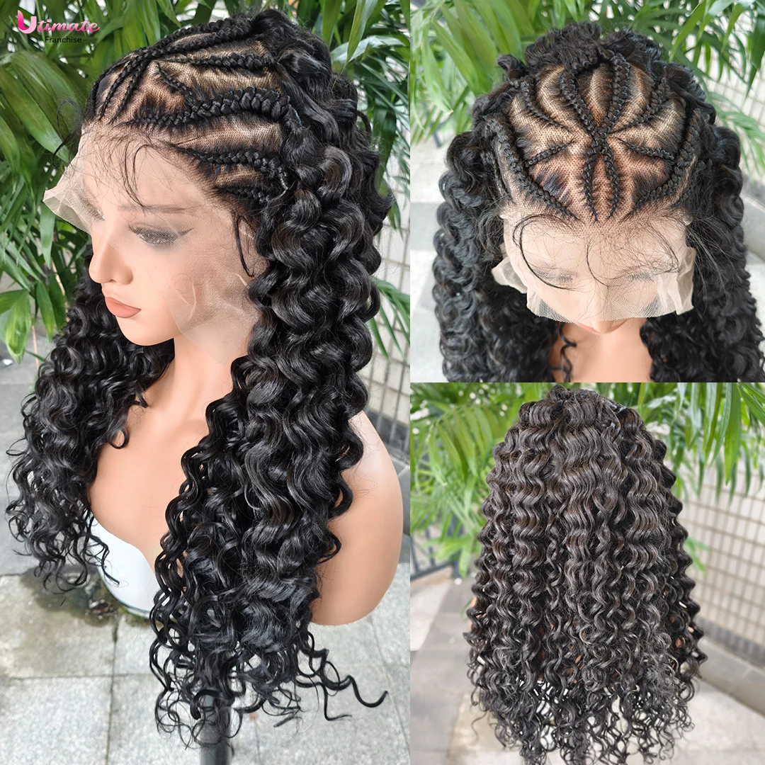 Wig Rambut Kepang Deep Wave Full Lace dengan Baby Hair untuk Wanita, Wig Rambut Sintetis Half Cornrow, Wig Kepang Pre-Styled