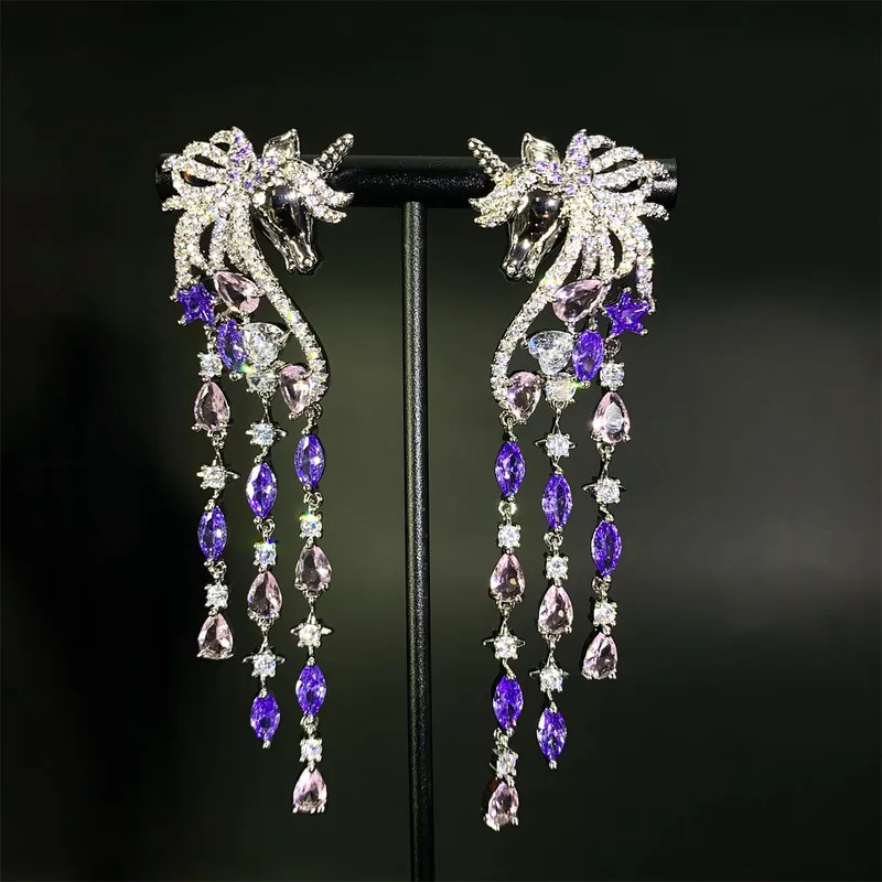 Unicorn Head Long Tassel Dangle Earrings Purple Pink Gradient Cubic Zirconia Silver Tone Statement Ear Jewelry For Women