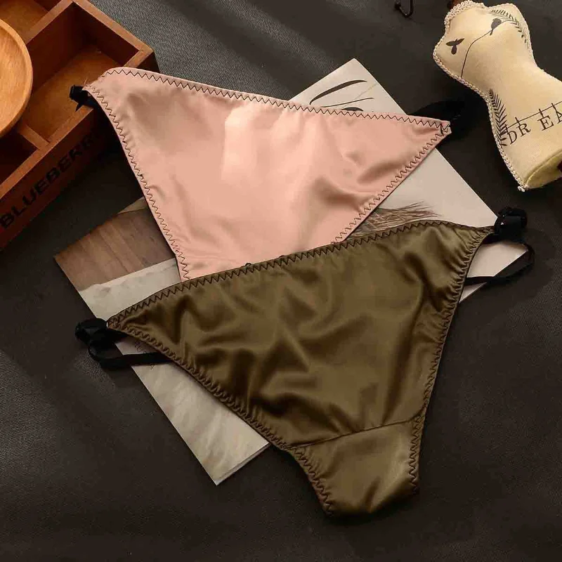 Luxurious Sexy Glitter Satin Briefs Women Double Strap Adjustable Lace Shorts Quick-drying Pants Low Waist Cotton Crotch Panties