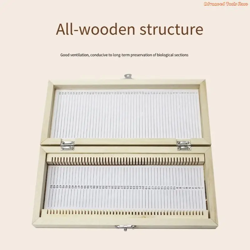 50 Capacity Wooden Slide Storage Box Biology Glass Prepared Microscope Specimens Handcrafted Metal Fastener for Lab Use W91B