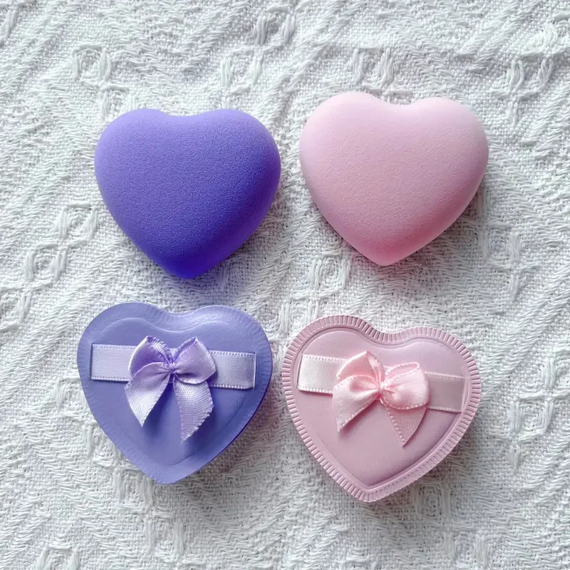 2pcs Heart-Shaped Makeup Sponges with Elastic Soft Bow Dual-Texture Use Dry Wet Cosmetic Puffs for Foundation & Liquid Makeup