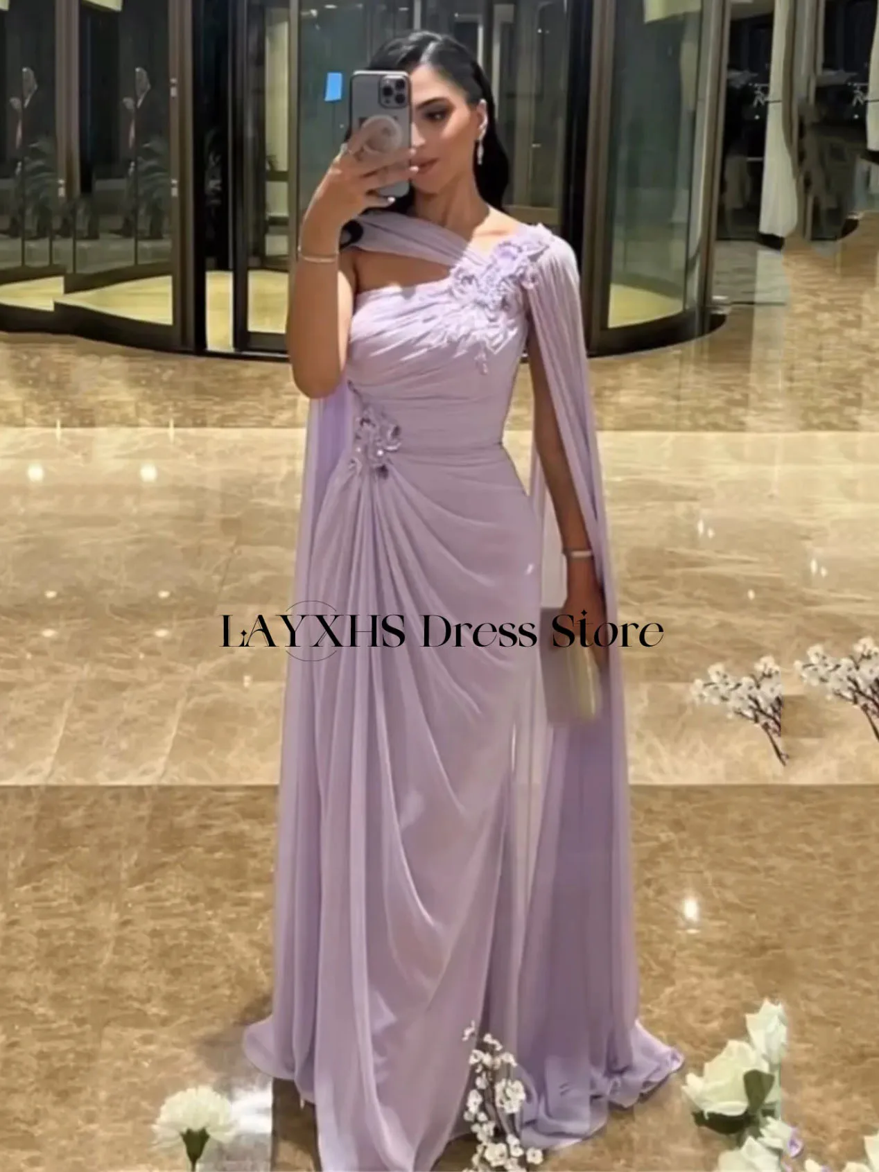 LAYXHS Vestidos de noite elegantes de um ombro, apliques de lantejoulas, sereia, pregas, vestidos de baile personalizados