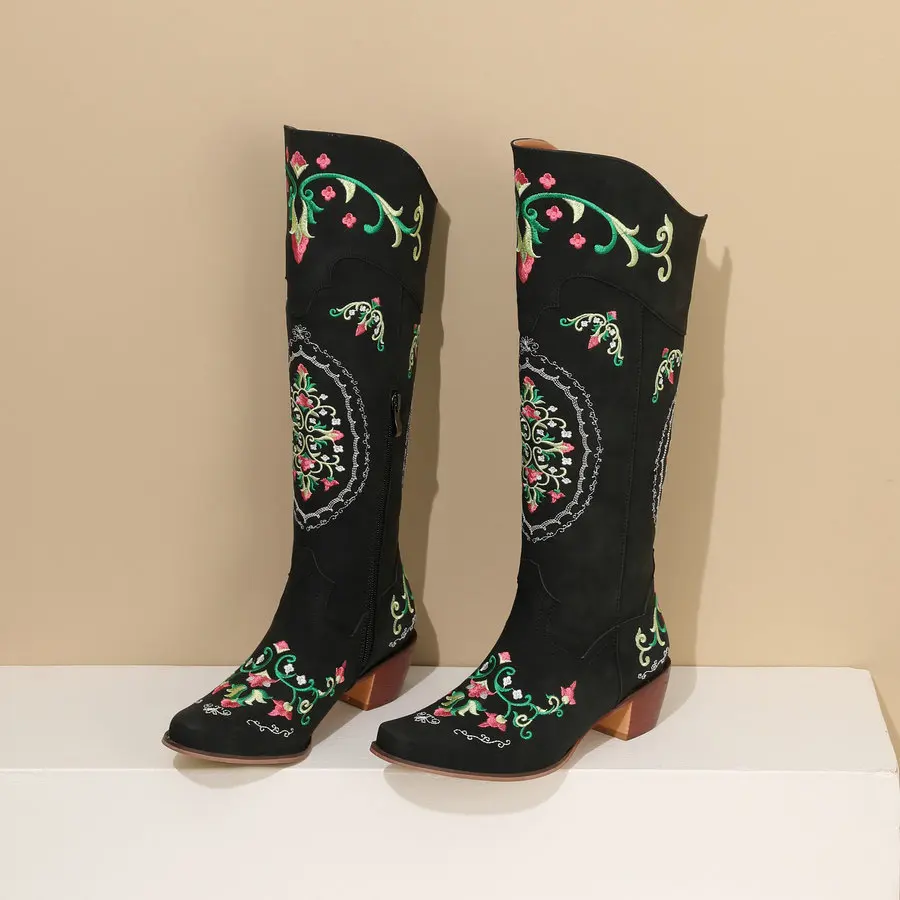 Cowgirls Western Boots Women's Embroidery Cowboy Boots for Wide Calf 2024 Chunky Med Heels Shoes 4 Seasons Zipper PU Footwear