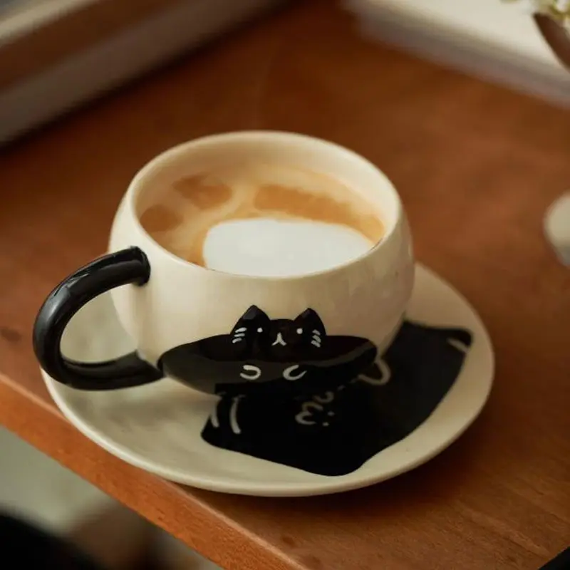 Black Cat Ceramic Coffee Cup Set with Tray High Beauty Light Luxury British Afternoon Tea Set with Handle Cappuccino Mug