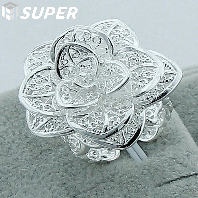 

925 Sterling Silver Rose Flower Open Ring Hollow Out Design Ring For Women Wedding Engagement Party Jewelry