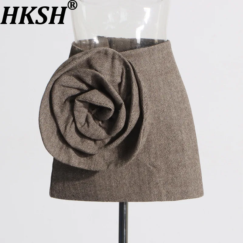 Hksh 2026 primavera verão novas mulheres saia curta a linha cor sólida tridimensional flor versátil chique ins saias sexy hk17851