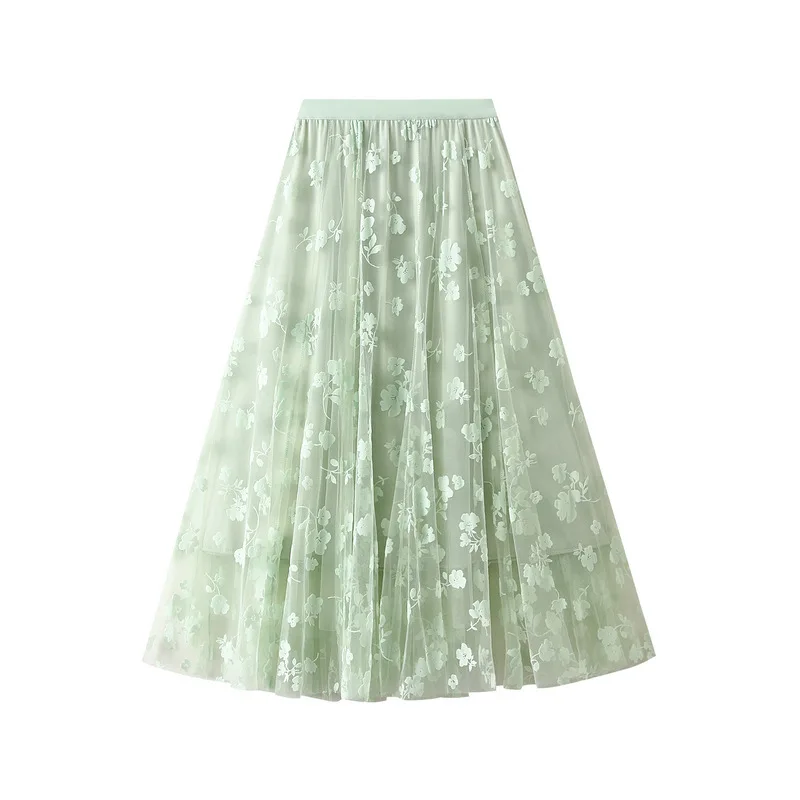 Floral flocage Style coréen doux taille haute élégant maille Midi jupes femmes 2025 été a-ligne décontracté ample Tulle jupe