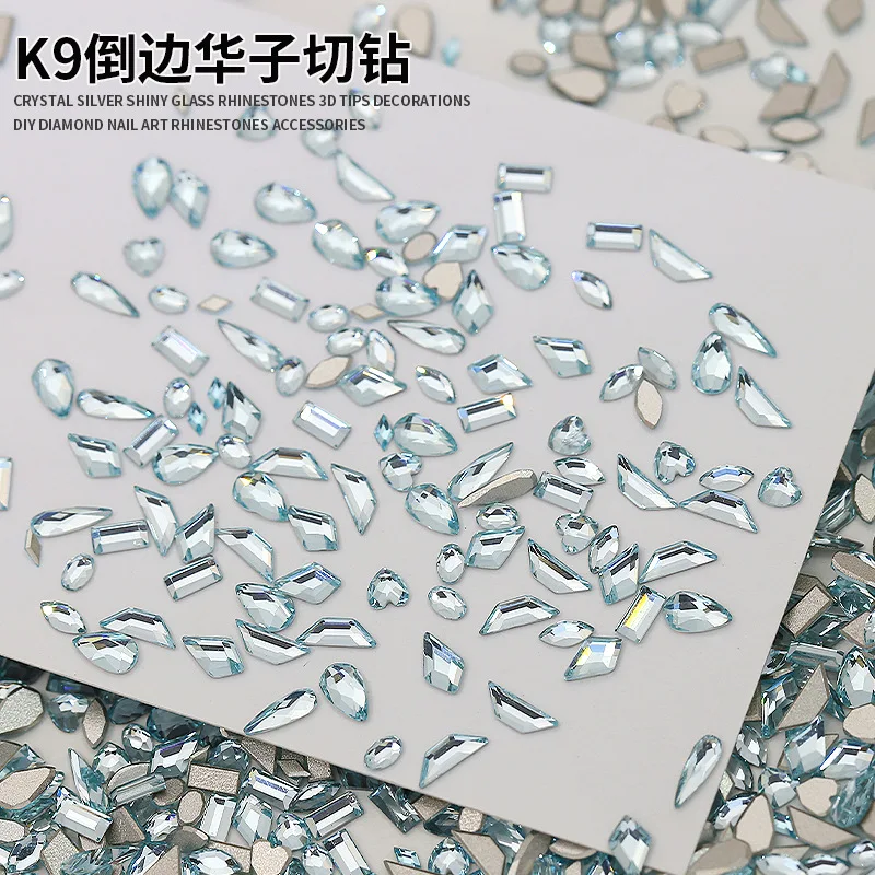 50PCS SHINY MINI Light Lake Blue Chamfered K9 เพชร Flatback คริสตัลเล็บ Art Rhinestones ตกแต่งเล็บ TOP เครื่องประดับ