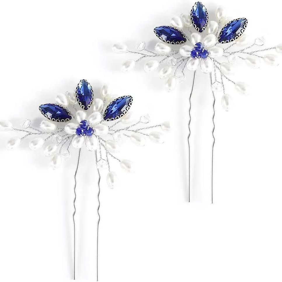 قطعتان من دبابيس شعر الزفاف المصنوعة من حجر الراين الأزرق - شوكة شعر مصنوعة يدويًا على شكل حرف U لأعلى الزفاف، إكسسوارات شعر كريستالية للعروس والام