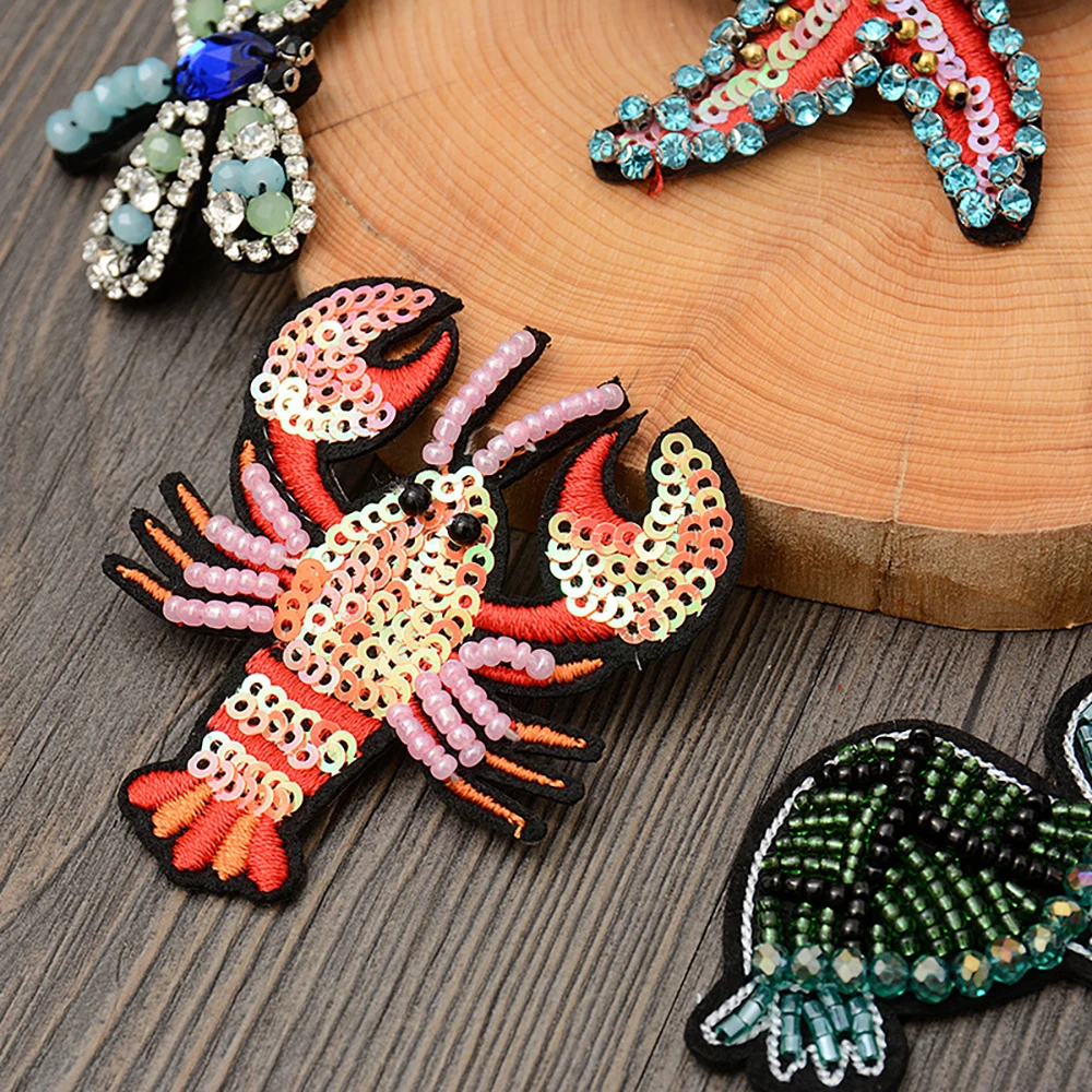 1 Piece Sew on Beaded Patch Cute Sea Turtle Jellyfish Starfish Lobster Dragonfly Patch for Garment DIY Decoration