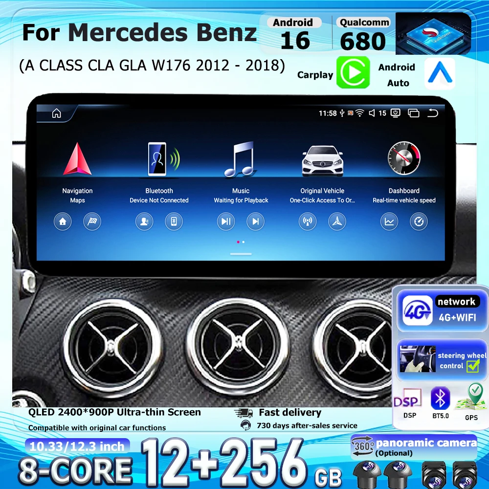 Android 16 Carplay Touch Screen For Benz A CLASS CLA GLA W176 2012 - 2018 Car Multimedia Video Player GPS Navi Bluetooth WiFi